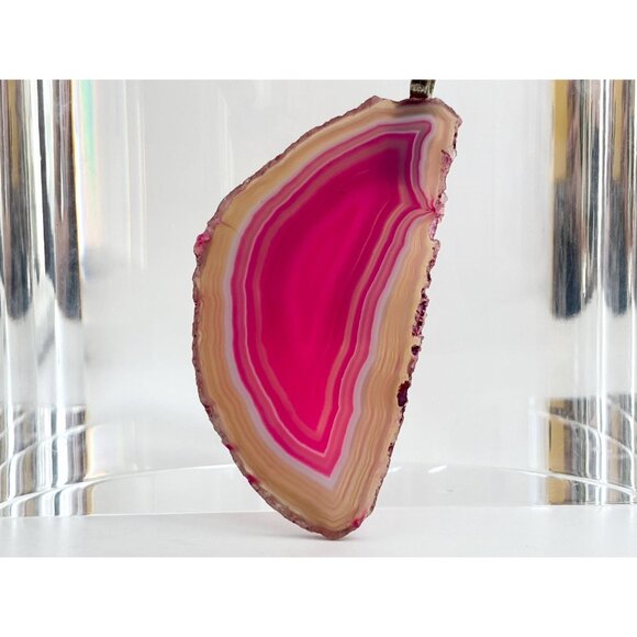 Pink Slice Agate Crystal Geode Freeform Large Silver Toned Vintage Pendant - Picture 8 of 13